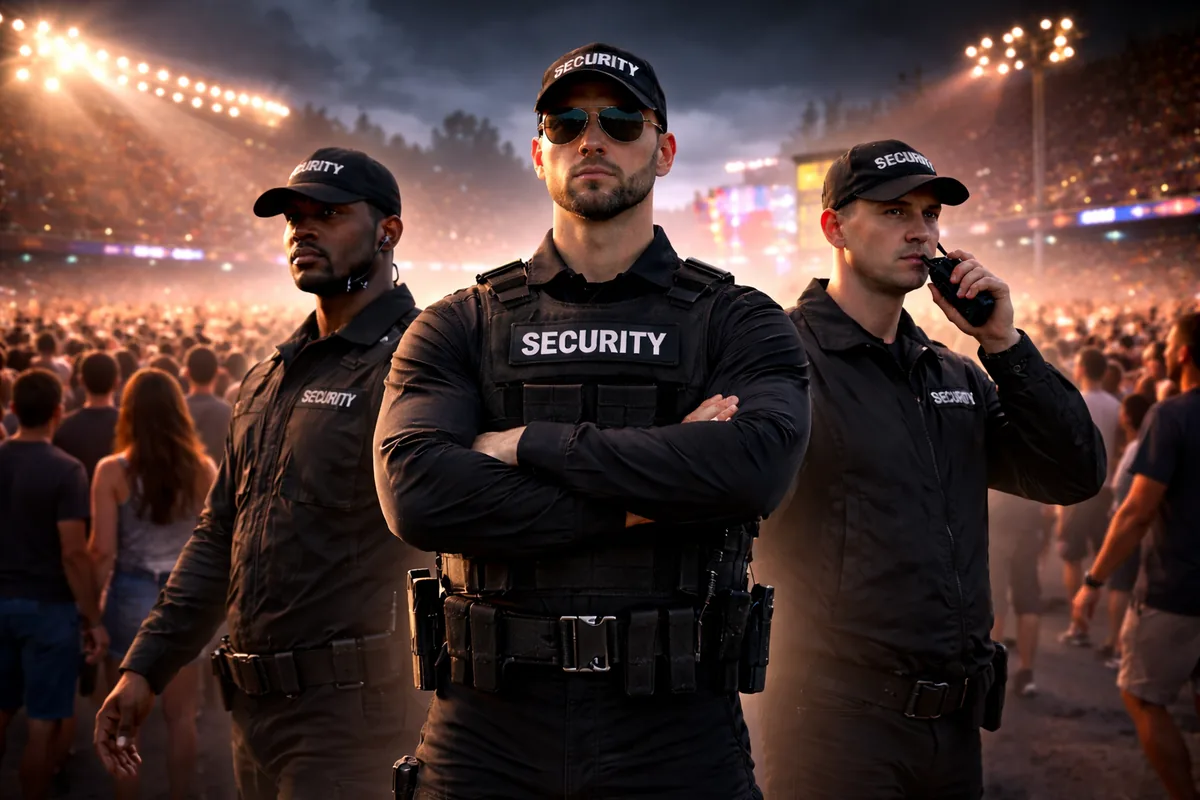 Three uniformed security officers standing in front of a large event crowd at dusk
